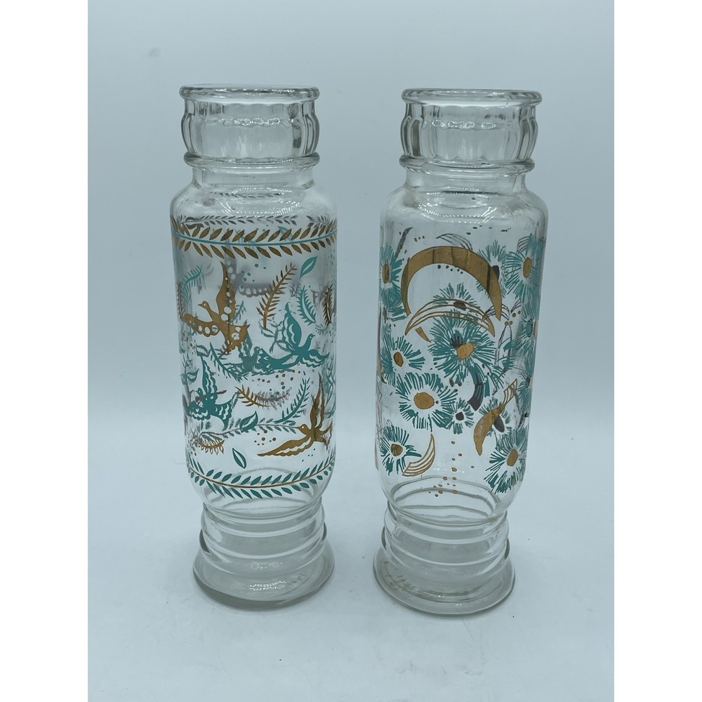 Jeannette Apothecary Glass Jar‎ 9 1/4" MCM Aqua Blue & Gold Birds 1960's  (2)